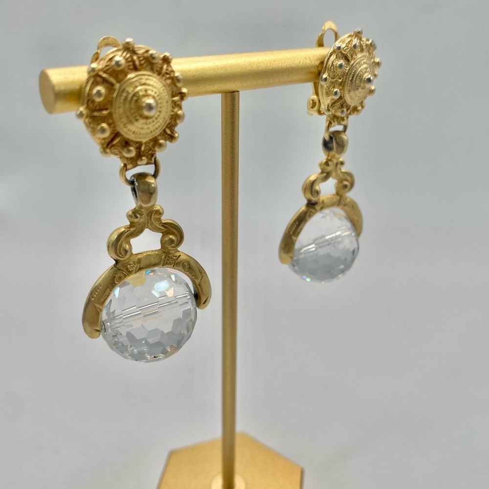 Vintage Donna Karan DKNY Drop Faceted Crystal Ball Art Deco Clip On Earrings - Picture 6 of 8